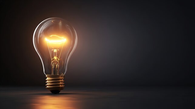 subduers. A glowing lightbulb with visible filament, centered in a dark studio setting. product launch decks, UI/UX mockups, designed for product launches and innovation pitches.