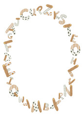 Alphabet and numbers frame, hand-drawn vector illustration border with playful letters and digits for kids’ announcements, posters, and nursery decor.