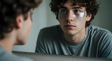Morning Ritual The Modern Mans Skincare Routine In Front of Mirror Eye Patches Relaxed Confident  Self Care Wellness Male Beauty  Grooming and Self Esteem Focus