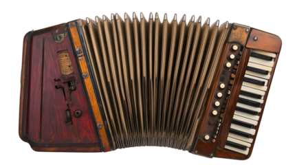 An antique, richly detailed, dark wood accordion with bellows fully extended, isolated on transparent background