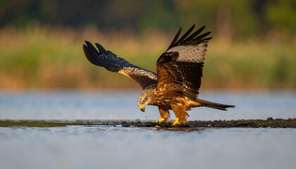 Bird of prey lands near water, wings spread, brown plumage blending with blurred trees. Captivating wildlife photography