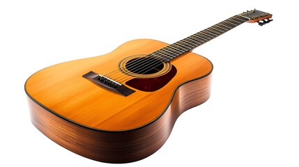 Fototapeta premium Acoustic guitar with a warm wooden finish, featuring a dark pickguard and six strings, isolated on transparent background