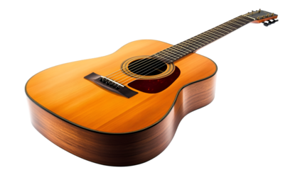 Acoustic guitar with a warm wooden finish, featuring a dark pickguard and six strings, isolated on transparent background