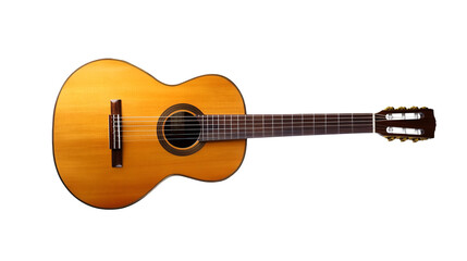 A classic wooden classical guitar with nylon strings, featuring a light brown finish and dark fretboard, isolated on transparent background