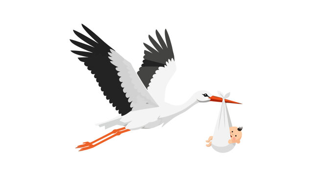 A cartoon stork carrying a baby in a bundle
