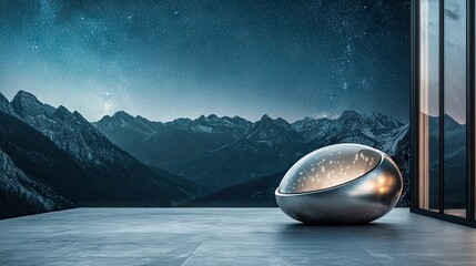 A futuristic pod sits on a terrace, offering a stunning view of mountains under a starry night sky. The scene is illuminated with a soft, ethereal glow.
