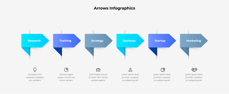 Arrow Labels Infographic. Vector Timeline Diagram for Business Roadmap, Planning, Strategy and Corporate Workflow Presentation with 6 Steps, Options or Processes