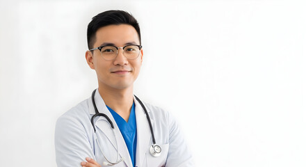 Fototapeta premium Caring Physician Offering Expert Medical Advice and Healthcare Solutions Asian Doctor with Compassion Expertise and Dedication to Patient Well being in a Modern Clinic