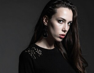 Brunette model in black, posing against a dark gray backdrop, showcasing delicate earrings and shoulder detail