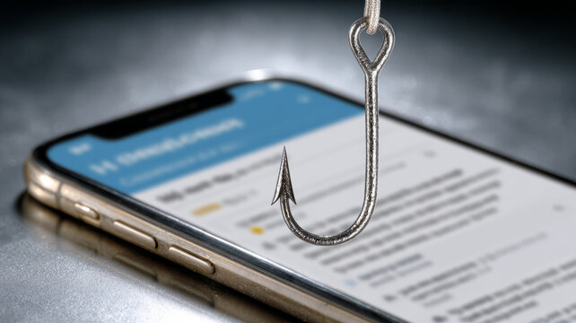 Phishing hook on smartphone symbolizes cyber security threat.