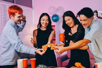 Diversity, dinner and group of people toast celebration together at party. Friends, happy and celebrate with food, wine and friendship for love, support and cheers champagne at business function