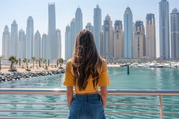 Young woman tourist views the stunning Dubai Marina skyline and skyscrapers from a waterfront promenade on a bright sunny day.
