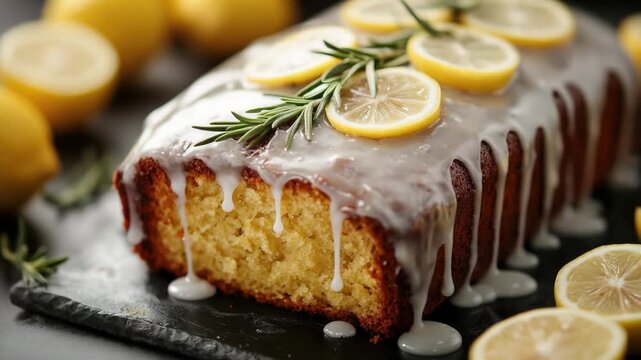 Video Freshly baked lemon cake with rosemary sprigs on top, perfect for a springtime dessert or as a centerpiece