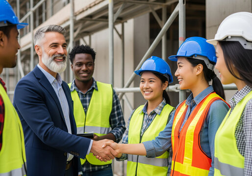 Diverse construction team of men and women in hard hats and safety vests collaborating and shaking hands at a job site - Powered by Adobe