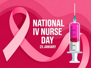 Celebrating national iv nurse day on january 25th with a pink ribbon and syringe illustration