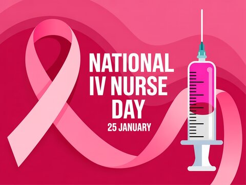 Celebrating national iv nurse day on january 25th with a pink ribbon and syringe illustration