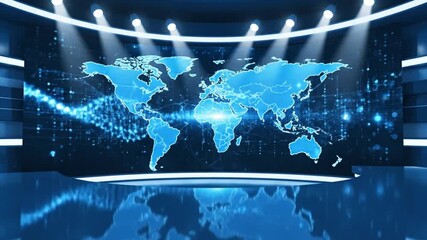 Dynamic news studio backdrop with world map and vibrant blue lighting ready for broadcasting, perfect for global news and media presentation