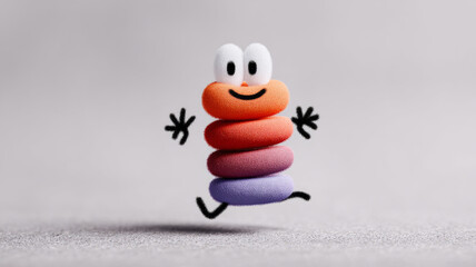 Colorful cartoon character jumping with joy on a light background.