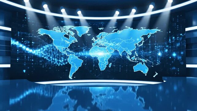 Dynamic news studio backdrop with world map and vibrant blue lighting ready for broadcasting, perfect for global news and media presentation