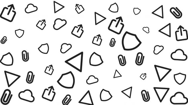 Pattern of abstract geometric shapes including hearts, triangles, circles and squares on white background in graphic illustration design