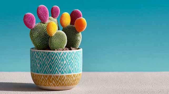 Colorful decorative cactus in patterned pot against a blue background.