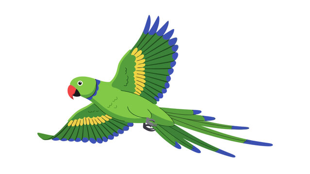 A green parrot with blue wing tips and yellow accents in flight