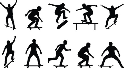 Dynamic Skateboarder Silhouette Collection Various Skateboarding Tricks, Jumps, and Poses, Extreme Sports Vector Illustration, Isolated White Background.
