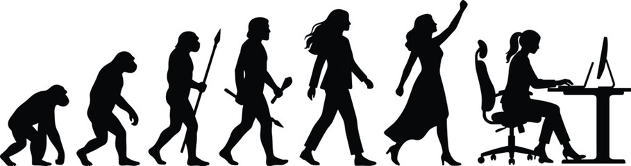 Evolution of Woman Silhouette from Ape and Primitive Hominid to Modern Businesswoman and Office Worker, Isolated on White Background for Technology and Progress Concept.