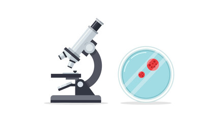 A microscope and petri dish with red cells on a white background
