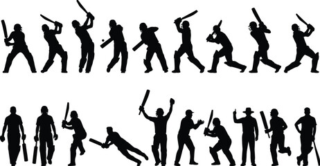 Large Cricket Player Silhouette Collection Diverse Batsmen, Fielders, and Bowlers in Action Poses, Sports Vector Set, White Background.