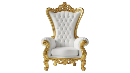 Ornate white and gold throne chair isolated on transparent background