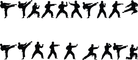 Martial Arts Karate Taekwondo Silhouette Collection Dynamic Kicks, Punches, and Defense Poses, Combat Training Vector Illustration, White Background.