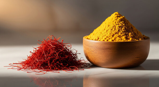 Vibrant piles of dried red saffron threads and golden turmeric powder in a rustic wooden bowl on a textured surface
