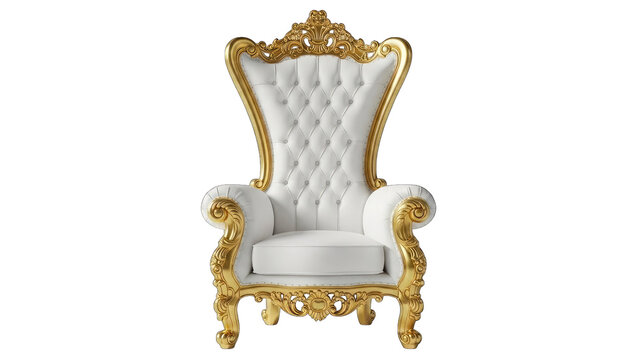 Ornate white and gold throne chair isolated on transparent background