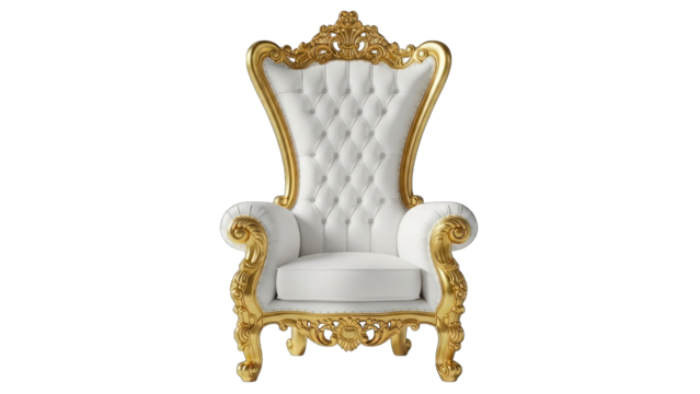 Ornate white and gold throne chair isolated on transparent background
