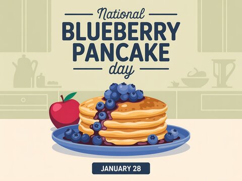 Celebrate national blueberry pancake day with a delicious stack of fluffy pancakes and fresh berries - Powered by Adobe