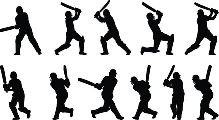 Set of Ten Cricket Batsman Silhouettes Isolated on White, Depicting Various Action Shots and Batting Strokes for Sports, Game, and Competition Design.