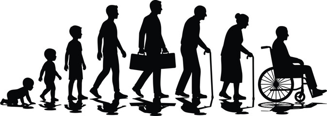 Seven Silhouettes Illustrating the Human Life Cycle Stages from Baby and Child to Working Adult, Elderly Person, and Senior in a Wheelchair, on White Background.