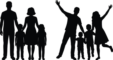 Two Sets of Family Silhouettes Isolated on White, Showing Parents and Children Standing Together and Happily Waving, Representing Unity, Love, and Kinship Concepts.