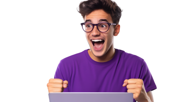 Young man wearing glasses and a purple tshirt looks excitedly at a laptop screen, isolated on transparent background