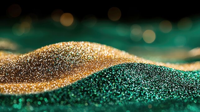 Close-up of sparkling gold and green glitter, creating a textured wave pattern with a blurred bokeh background.