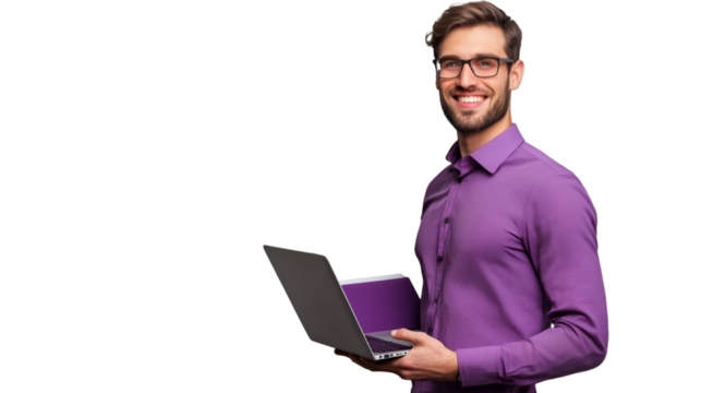 Smiling young businessman wearing glasses and a purple shirt holding a laptop computer isolated on transparent background