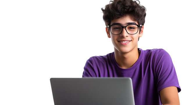Smiling young male student with dark curly hair and glasses wearing a purple shirt sitting in front of a laptop isolated on transparent background