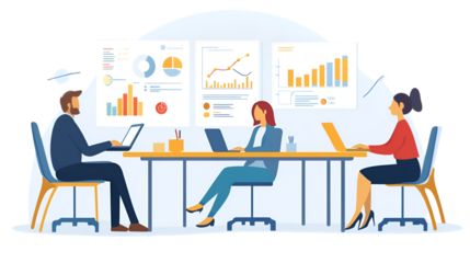 Three business professionals collaborating around a long table with laptops, analyzing charts and graphs displayed on a wall behind them, isolated on transparent background