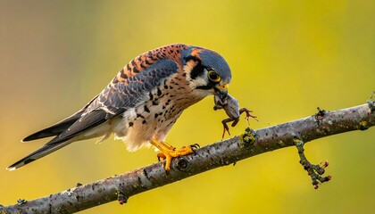 Bird of prey with orange and grey plumage, perched on a branch, holds a frog in its beak against a blurred green backdrop