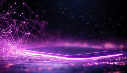 A glowing smartphone with a network connection, set in a futuristic, abstract scene with a dark background and purple lighting.