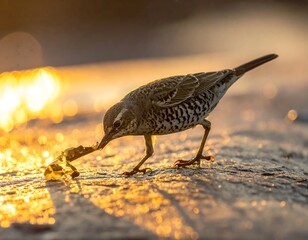 Bird peers at potential meal on rock, bathed in a golden sunset's warm glow