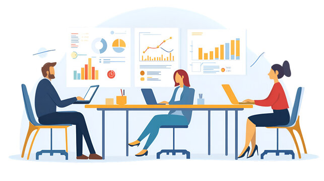 Three business professionals collaborating around a long table with laptops, analyzing charts and graphs displayed on a wall behind them, isolated on transparent background