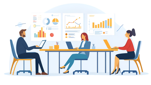 Three business professionals collaborating around a long table with laptops, analyzing charts and graphs displayed on a wall behind them, isolated on transparent background