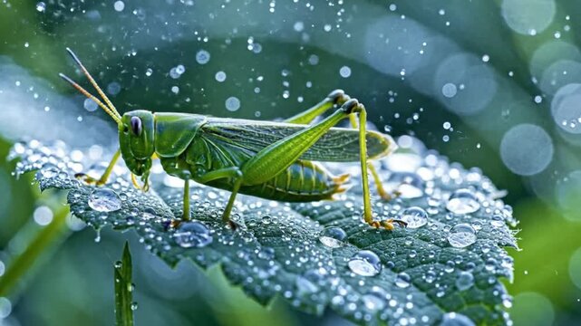 Macro shot of a bright green grasshopper resting on a wet leaf sparkling with crystal dew drops and falling rain bokeh, ideal for nature documentaries and tranquility concepts.